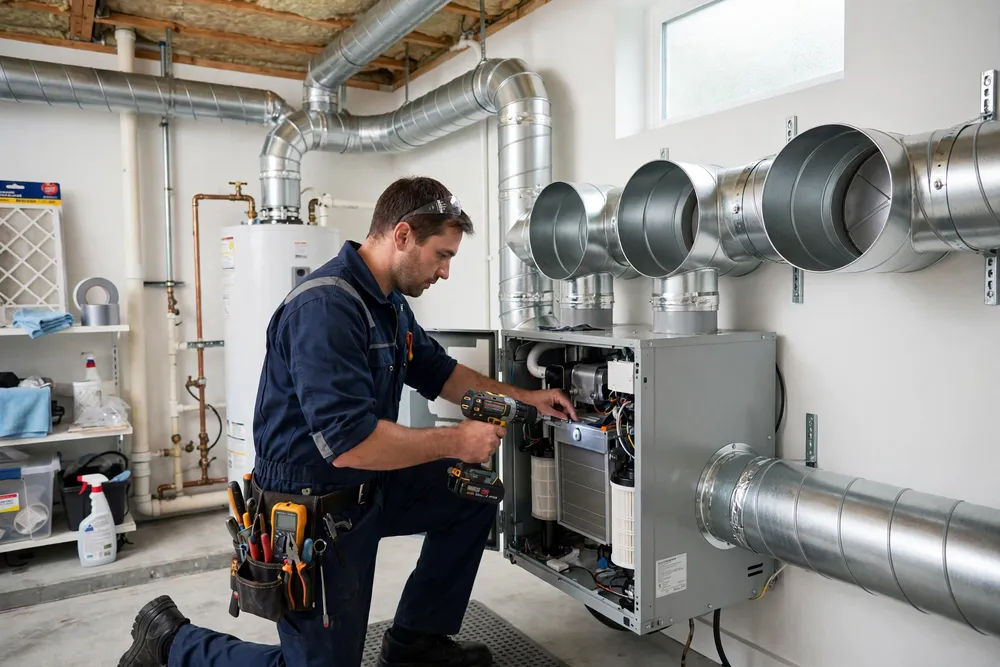 An electrician carefully examines a residential fuse box indoors, ensuring electrical safety and compliance.